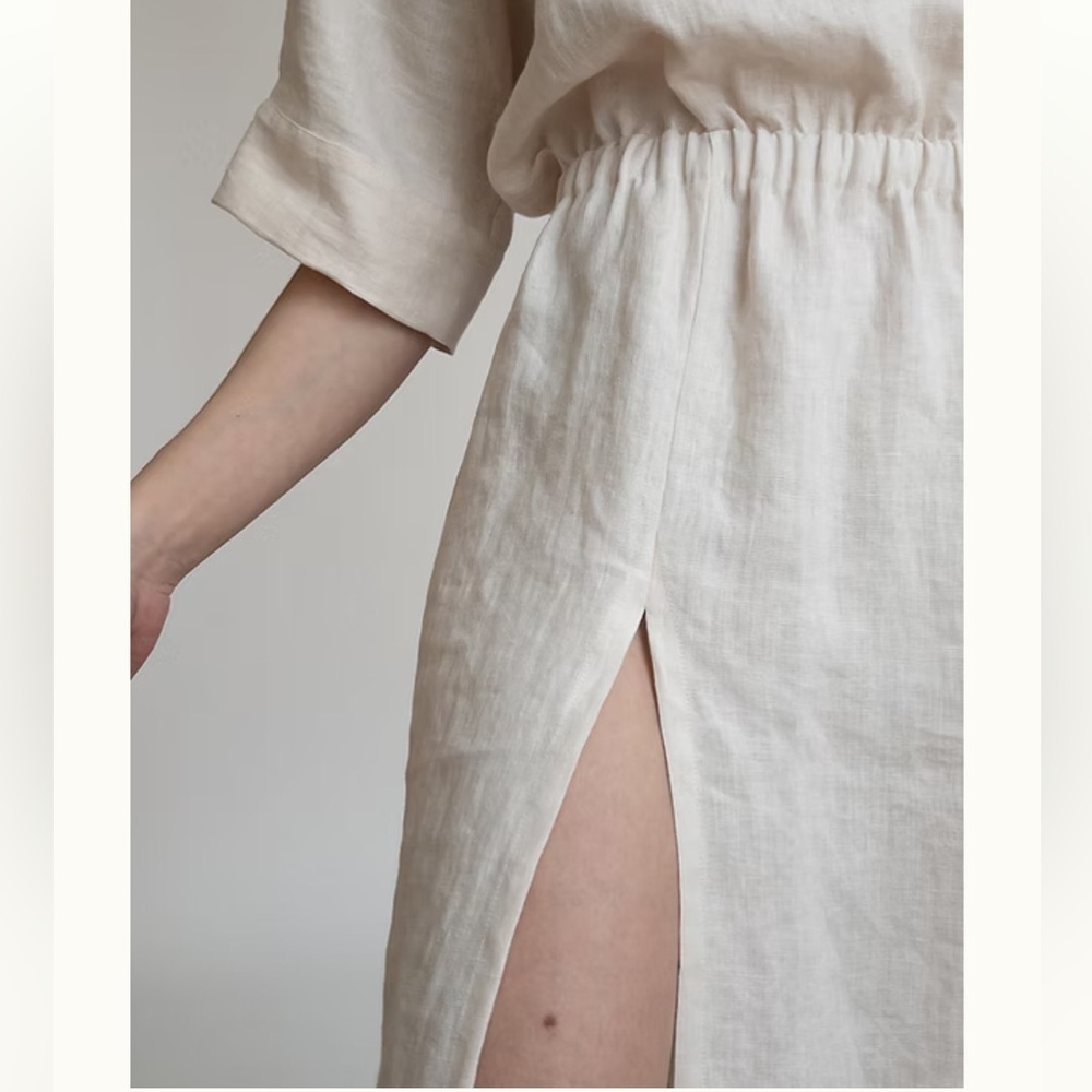 Love Ocean Skye Linen dress short sleeve midi autumn gold size XS - Picture 10 of 12